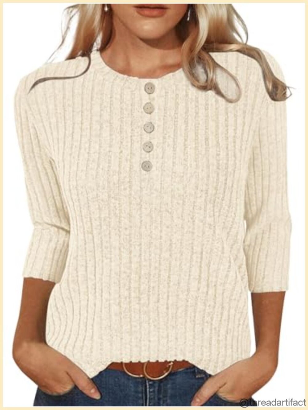Women's 3/4 Sleeve Henley Sweater Tunic Lightweight Ribbed Knit Pullover